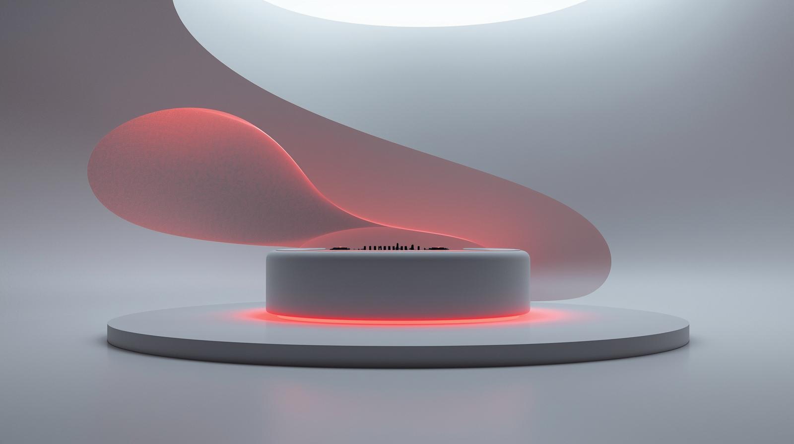 A minimalist and clean photography style showcasing a futuristic DJ booth with smooth, curved lines and prominently visible holographic displays, presented in a simple composition with ample ne (2)